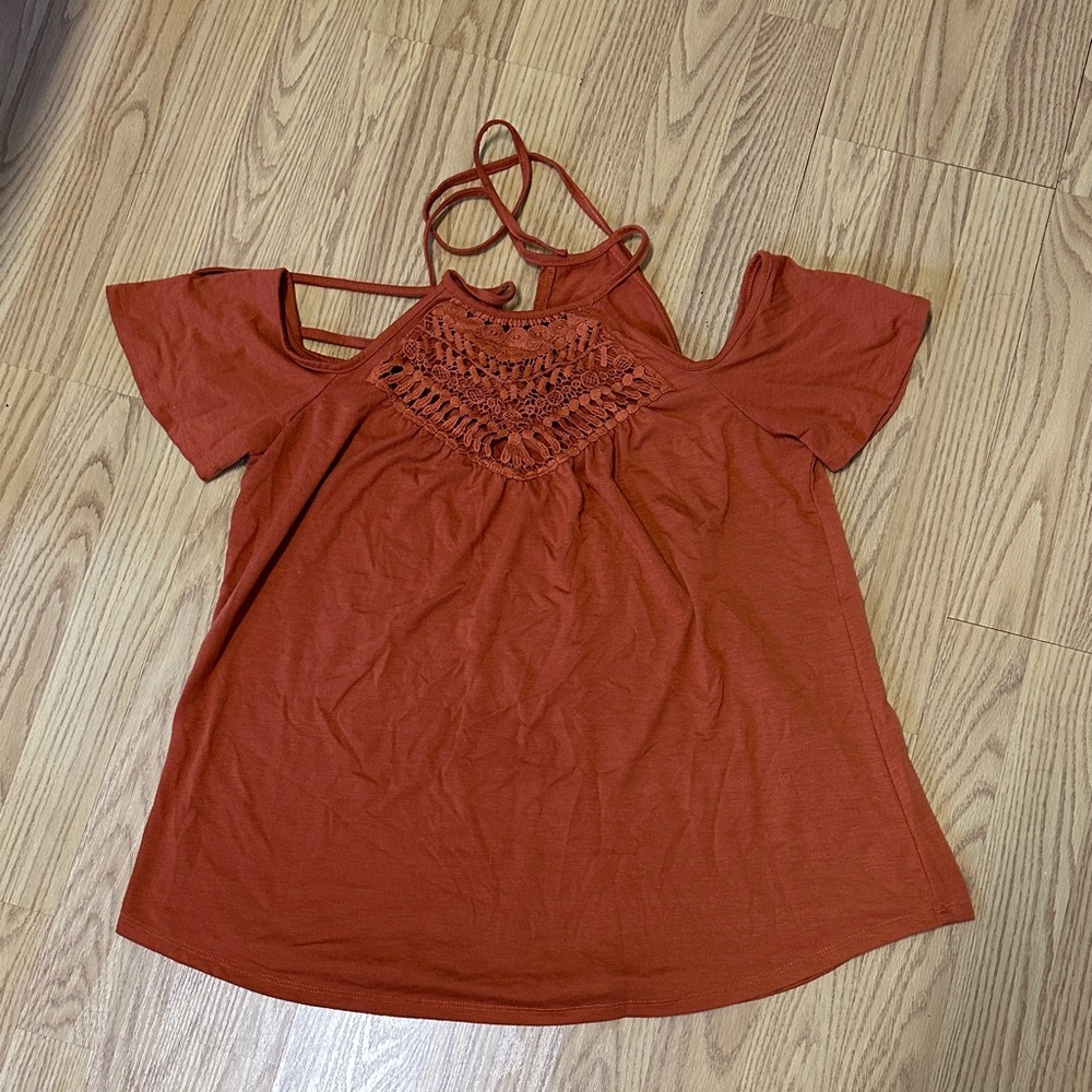 Women's Rust Crochet Detail Top